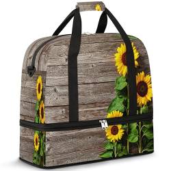 Herbst Sonnenblumen Board Reise Duffle Bag für Damen Herren Sonnenblume Holz Wochenende Übernachtung Taschen Faltbar Nass Getrennt 47L Tragetasche für Sport Gym Yoga, farbe, 47 L, Taschen-Organizer von WowPrint