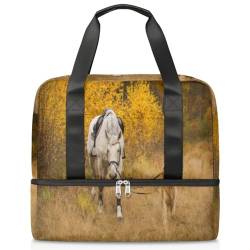 Herbst in Hund bringt Pferde Sport Duffle Bag für Damen Herren Jungen Kirls White Horse Weekend Overnight Bags Wet Separated 21L Tote Bag for Travel Gym Yoga, farbe, 21L, Taschen-Organizer von WowPrint