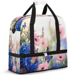 Reisetasche, Motiv: Blume, Schmetterling, Blumenmuster, für Damen und Herren, Wochenende, Übernachtungstaschen, faltbar, nass, getrennt, 47 l, Tragetasche für Sport, Fitnessstudio, Yoga, farbe, 47L, von WowPrint