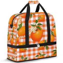 Reisetasche für Damen und Herren, karierte Blume, Obst, Orange, Wochenend-Übernachtungstaschen, faltbar, nass, getrennt, 47 l, Tragetasche für Sport, Fitnessstudio, Yoga, farbe, 47L, Taschen-Organizer von WowPrint