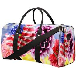 Reisetasche mit Dahlien-Blume, USA-Flagge, für Damen, Herren, Mädchen, Jungen, Blumenwochenende, Übernachtungstasche, 22,7 l, Tragetasche, Kabinengepäcktasche für Sport, Fitnessstudio, Yoga, farbe, von WowPrint