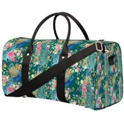 Reisetasche mit fliegenden Pfauen, Blumen, für Damen, Herren, Mädchen, Jungen, Pfauen, Blumenmuster, Wochenende, Übernachtung, 22,7 l, Tragetasche, Kabinengepäcktasche für Sport, Fitnessstudio, Yoga, von WowPrint