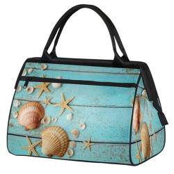 Sommer-Seestern Muscheln Holz Reisetasche für Damen Herren Kinder Mädchen Seestern Wochenende Übernachtung Taschen 24 L Reisetasche Tragetasche für Sport Gym Yoga, farbe, (24L) UK, Taschen-Organizer von WowPrint