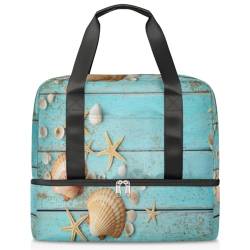 Sommer Seestern Muscheln Holz Sport Duffle Bag für Damen Herren Jungen Kirls Seestern Wochenende Übernachtung Taschen Nass Getrennt 21L Tragetasche für Reisen Gym Yoga, farbe, 21L, Taschen-Organizer von WowPrint