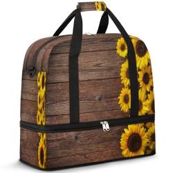 Sonnenblume Holz Herbst Reise Duffle Bag für Frauen Männer Wochenende Übernachtung Taschen Faltbar Nass Getrennt 47L Tragetasche für Sport Gym Yoga, farbe, 47L, Taschen-Organizer von WowPrint