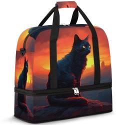 Travel Duffle Bag for Women Men, Setting Sun Black Cat Weekend Overnight Bags Foldable Wet Separated 47L Tote Bag for Sports Gym Yoga, farbe, 47L, Taschen-Organizer von WowPrint