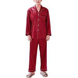 Wowcarbazole Herren Seide Satin Pyjama Set Lang/Kurzarm Button-Down Nachtwäsche mit Fronttasche, Weinrot1, Large von Wowcarbazole