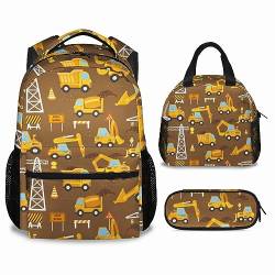 Wpamlrta Bau-LKW-Rucksack mit Lunchbox-Set für Jungen, 3-in-1-Schulrucksäcke, passende Kombination, Cartoon-gelbe Büchertasche und Federmäppchen, Stil 1-2, Einheitsgröße, Tagesrucksäcke von Wpamlrta