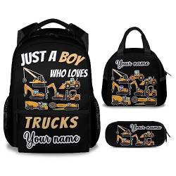 Wpamlrta Personalisierter Bau-LKW-Rucksack mit Lunchbox-Set für Jungen, 3-in-1-Schulrucksäcke, passende Kombination, Cartoon-gelbe Büchertasche und Federmäppchen, Stil 2-3, Einheitsgröße, von Wpamlrta