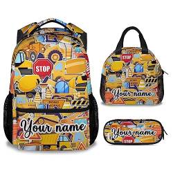 Wpamlrta Personalisierter Bau-LKW-Rucksack mit Lunchbox-Set für Jungen, 3-in-1-Schulrucksäcke, passende Kombination, Cartoon-gelbe Büchertasche und Federmäppchen, Stil 3-3, Einheitsgröße, von Wpamlrta