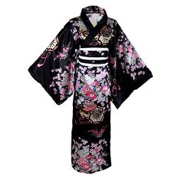 Wraith of East Kimono-Kostüm für Erwachsene, japanisches Geisha-Yukata-Blumenmuster, Bademantel, Nachtwäsche mit Obi-Gürtel, 30 lang schwarz, Large von Wraith of East