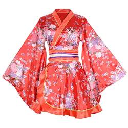 Damen Kimono Kostüm Erwachsene Japanische Geisha Yukata Sweet Floral Patten Gown Blossom Satin Bademantel Nachtwäsche mit OBI Gürtel, 32-rot, Large von Wraith of East