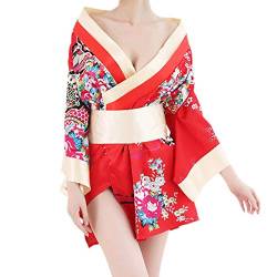 Erwachsene Kurz Kimono Kostüm Robe Sexy Floral Tiefer V-Ausschnitt Satin Nachtwäsche Bademantel Japanische Bademantel Nachtwäsche Outfit, rot, Large von Wraith of East