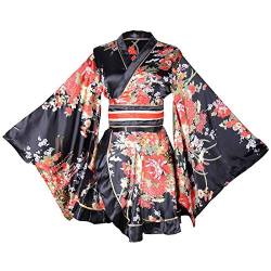 Wraith of East Asiatische Größe, sexy, kurzes Kimono-Kostüm, Erwachsene, Damen, japanische Geisha-Yukata-Drucke, Kleid, Blüten-Verkleidung, mit Obi-Gürtel, Brustumfang 111,8 cm, Schwarz von Wraith of East