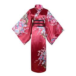 Wraith of East Kimono Kostüm Erwachsene Japanische Geisha Yukata Floral Muster Kleid Blüte Bademantel Nachtwäsche Mit Obi Gürtel, 30 lang weinrot, Large von Wraith of East