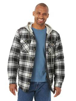 Wrangler Authentics Herren Langarm Gesteppt Gefüttert Flanell Hemd Jacke mit Kapuze, Schwarz Off-White, 3XL von Wrangler Authentics