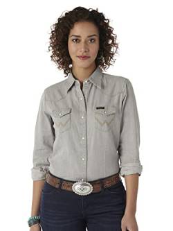 Wrangler Damen Langärmeliges Westernhemd aus Denim Bluse, Grau, Groß von Wrangler