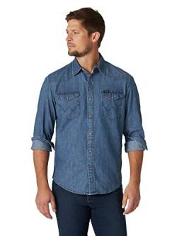 Wrangler Herren Iconic Regular Fit Snap Shirt Hemd mit Button-Down-Kragen, Mid Tint Denim, Mittel von Wrangler