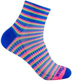 Wrightsock Profi Sportsocke, Laufsocke Modell Coolmesh II in blau rosa neongrün, Anti-Blasen-System, doppellagig, Quarter lang gestreift, Gr. L von Wrightsock