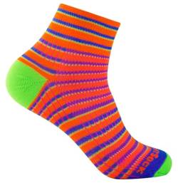 Wrightsock Profi Sportsocke, Laufsocke Modell Coolmesh II in orange blau grün gestreift - Anti-Blasen-System, doppellagig, Quarter mittellang, Gr. M von Wrightsock