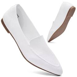 Wryweir Frauen Spitzen flachen bequemen lässig gestrickt Loafers atmungsaktiv leicht Slip auf Walking-Schuhe 36 EU Weiß von Wryweir