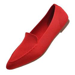 Wryweir Frauen Spitzen flachen bequemen lässig gestrickt Loafers atmungsaktiv leicht Slip auf Walking-Schuhe 38 EU Rot von Wryweir
