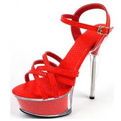 Damen Transparent Cross Strap High Heel Sandaletten Plattform Stiletto Sexy 14CM/5.5IN Mädchen Party Club Schuhe,Rot,37 EU von Wsbjbo
