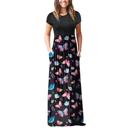 Wtinfer Damen kurz Ärmel Lang mit Blüte Drucken High Waist Elastische Strandkleider Maxikleider Sommerkleid Damen Lang Maxikleider von Wtinfer