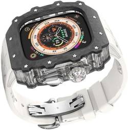 Wtukmo Transparentes Uhrengehäuse aus Karbonfaser, Gummi-Silikonband, für Apple Watch Serie 9/8/7/6/5/4/SE, luxuriöses Silikon-Sportarmband + Kohlefaser-Gehäuse, für 45 mm und 44 mm Uhrenzubehör, 45 von Wtukmo