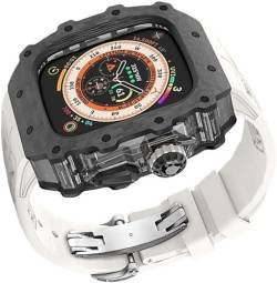 Wtukmo Transparentes Uhrengehäuse aus Karbonfaser, Gummi-Silikonband, für Apple Watch Serie 9/8/7/6/5/4/SE, luxuriöses Silikon-Sportarmband + Kohlefaser-Gehäuse, für 45 mm und 44 mm Uhrenzubehör, 45 von Wtukmo