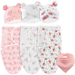 WuGU Baby Schlafsäcke Neugeborenen mit Mütze, 3er Baby Pucksack aus Baumwolle für Neugeborene, 100%% Bio-Baumwolle Swaddle Decke für Neugeborene Babys, Unisex, 73x50cm(mit Speicheltuch) von WuGU