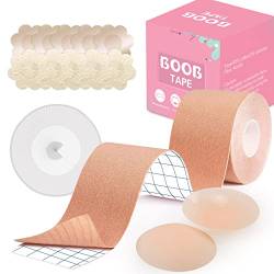 WuNian Klebe BH Push Up Boob Brust Tape für Grosse Brüste - Mit 1 Paar Wiederverwendbare Unsichtbar Silikon Nipple Cover, 10 Paar Nippelpads und 36 Fashion Tape von WuNian