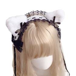 Mädchen Süße Lolita Bowknot Spitzen Haarband Süßes Cartoon Plüsch Katze Ohren Stirnband Masquerade Cosplay Haarzubehör Kopfschmuck von Wudaizhi