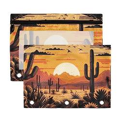 Western Cactus Sunset Desert American Vintage 3 Ringbuch Bleistiftbeutel 2 Stück Kunststoff Recycelte Transparent Wasserdicht Federmäppchen mit Reißverschluss Schreibwaren Zubehör von Wudan