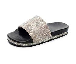 Wunhope Pantoletten Damen Sommer Strass Bling Hausschuhe weich Sommer bequem Glitzer Sandalen flach Plateau Beach Indoor Outdoor flip Flops (Schwarz-Silber, Numeric_40) von Wunhope