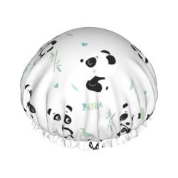 Wurton Duschhaube mit Panda-Motiv, wiederverwendbar, umweltfreundlich, weich, für Damen, doppelte wasserdichte Schichten von Wurton