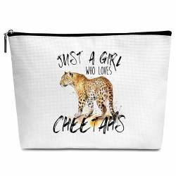 Wybgno Make-up-Tasche mit Geparden-Aufdruck, Aufschrift "Just A Girl Who Loves Cheetahs", Geschenk für Frauen, Gepard, Mädchen, adrette Kosmetiktasche, niedliches Geschenk zum Geburtstag, Weihnachten, von Wybgno