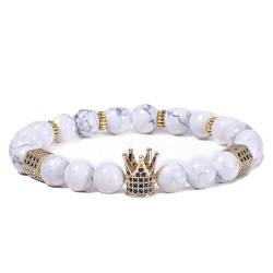 Bracelet Women, Herren Armband 18 cm Perlen Magnesit Kristall Weiß Metalllegierung Runde Perlen mit Geometrischer Goldkrone 18cmx8mm 1er Naturstein von Wycian