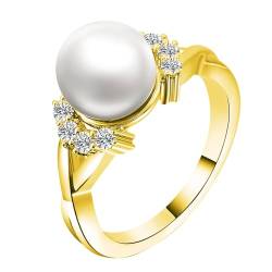 Ehering Damen, Ring Perlenkette 18K Gelbgold Größe 52 (16.6) Perle Rundschliff Weiß Personalisiert Für Hochzeit Engagement Ring Women von Wycian