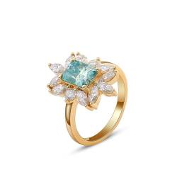 Ring Modeschmuck Damen, Damen Ring 14 Karat Gold Gelbgold Blume Größe 57 (18.1) 2 Moissanit 2Ct Rechteckschliff Blau Grün Gravur Für Hochzeit von Wycian