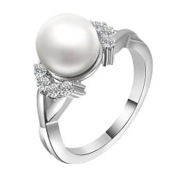 Schmuck Damen Ringe, Verlobungsring Damen Perle 18K Weißgold Größe 63 (20.1) Perle Rundschliff Weiß Personalisiert Für Muttertag von Wycian
