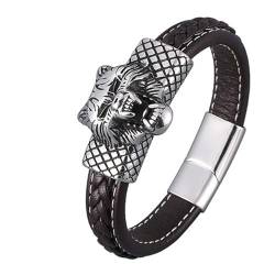 Silber Armband Junge, Armband Wolfskopf Lederarmband 16.5CM Rostfreier Stahl Wunderschöne Geschenkidee für Männer von Wycian