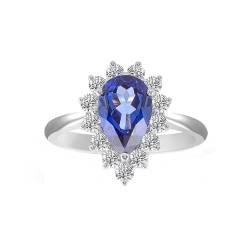 Verlobungsring Damen Zart, Diamond Ring For Women 9 Karat Weißgold 9K Größe 57 (18.1) 1 Saphir Erstellt 1Ct Tropfenschliff Blau Gravur Jahrestag von Wycian