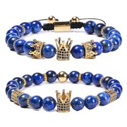 Wycian Armband Blau, Zirkonia Armband Herren Perlen 2er Kristall Metalllegierung Glatte Perlen mit Goldkrone 18cmx8mm Naturstein für Muttertag von Wycian