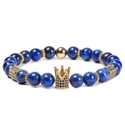 Wycian Armkette Herren Blau, Freundschaftsarmband Weben Perlen Lavagestein Kristall Metalllegierung Glatte Perlen mit Goldkrone 18cmx8mm 1er Naturstein von Wycian