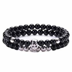 Wycian Freundschaftsarmband 2 Stück, Armband Herren Totenkopf Perlen Onyx Schwarz 2-Lagiges Schwarzes Onyx-Hämatit-Set mit Totenkopf 19cmx8Mm von Wycian