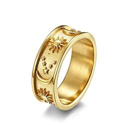 Wycian Goldene Ringe Frauen, Ringe Größe 52 Sterne Mond Sonne Edelstahl Valentinstag Ring Personalisiert Gravur für Frei von Wycian