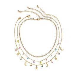 Wycian Kette Damen Collier, Damen-Halskette 3 Lagige Kettegold Stern Mond Vergoldet Verstellbare Halskette für Frauen Party Jubiläum von Wycian