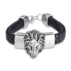 Wycian Löwen Armband, Lederarmband Herren Kurz Schwarz 21.5CM Rostfreier Stahl Wunderschöne Geschenkidee für Männer von Wycian