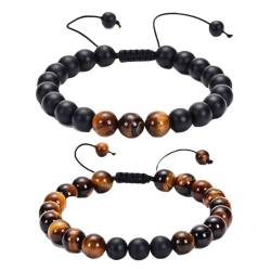 Wycian Partnerarmbänder 2er Set, Armband Herren 8mm Perlen Tigerauge Kristall Schwarz Braun Verstellbare Natursteinperlen 17cmx8mm Naturstein für Jahrestag von Wycian